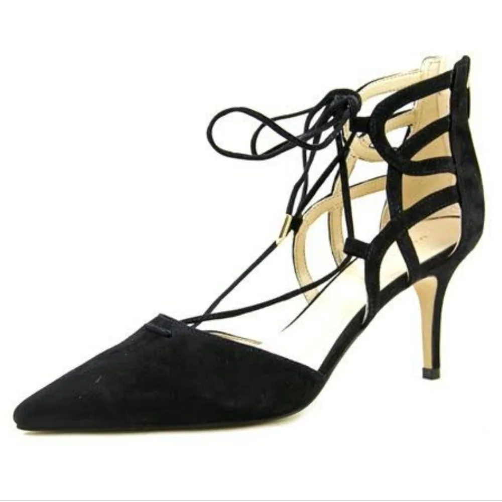 Marc Fisher Black Leather Suede Truthe Lace-up Pointed Toe Pumps Size 7.5